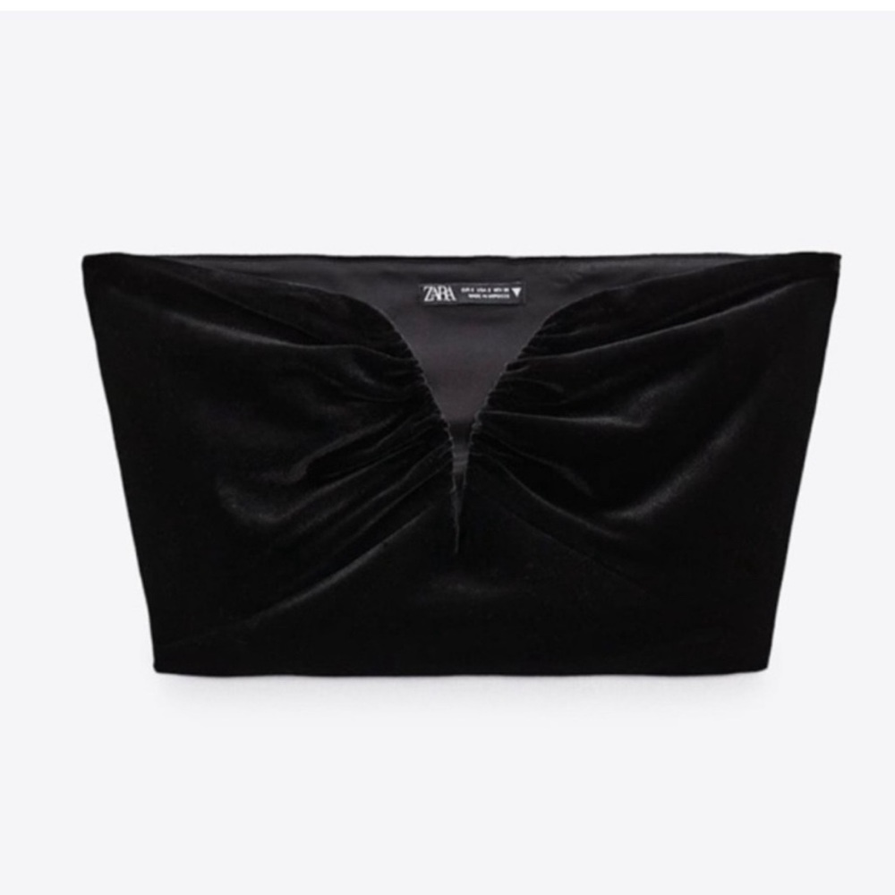 Zara Velvet Black Strapless Crop Top with Deep V Neckline